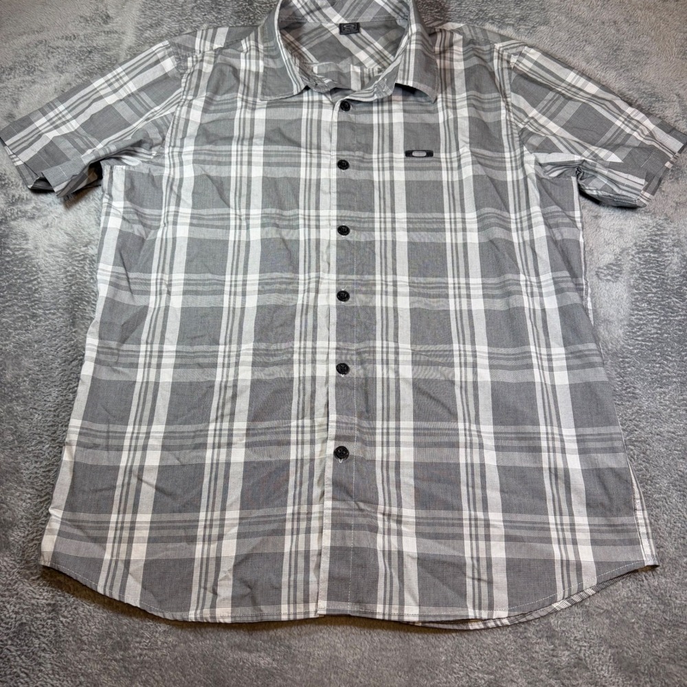 Oakley Mens XL Short Sleeve Button Down Shirt Grey White Plaid Cotton Blend